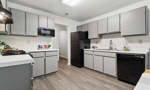Kitchen with black appliances and silver cabinets