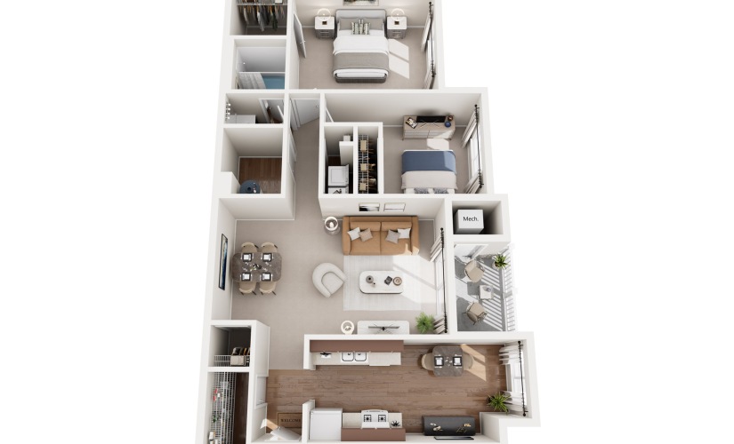 two bedroom and one bathroom 3D image