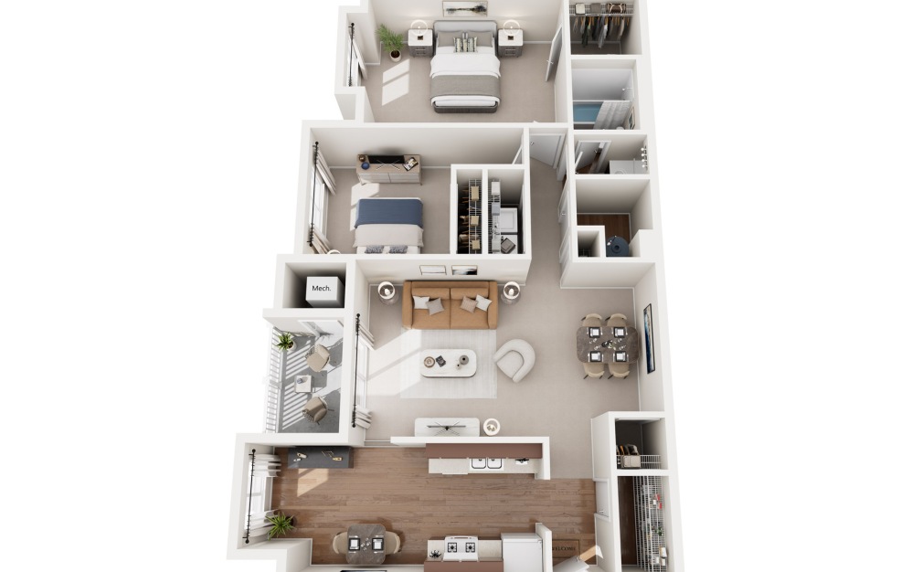 Two bedroom and one bathroom 3D Image