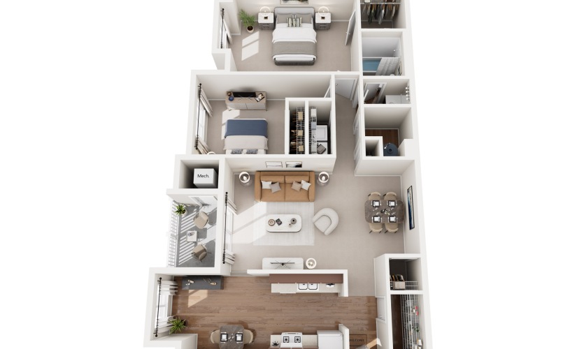 Two bedroom and one bathroom 3D image