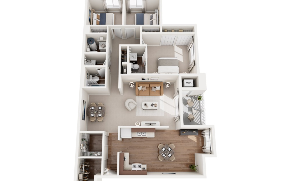 Three bedroom and two bathroom 3D Image