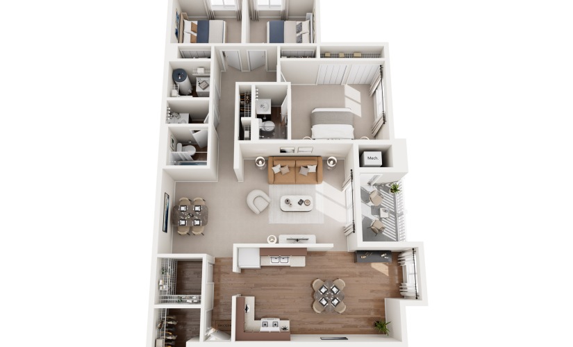 Three bedroom and two bathroom 3D Image