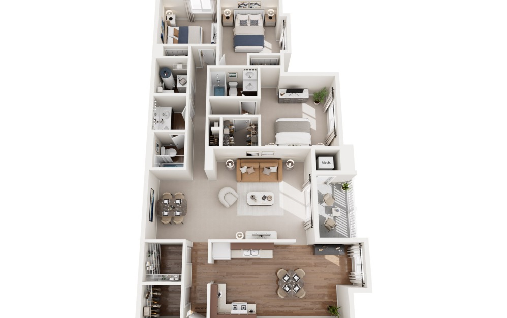 Three bedroom and two bathroom 3D Image